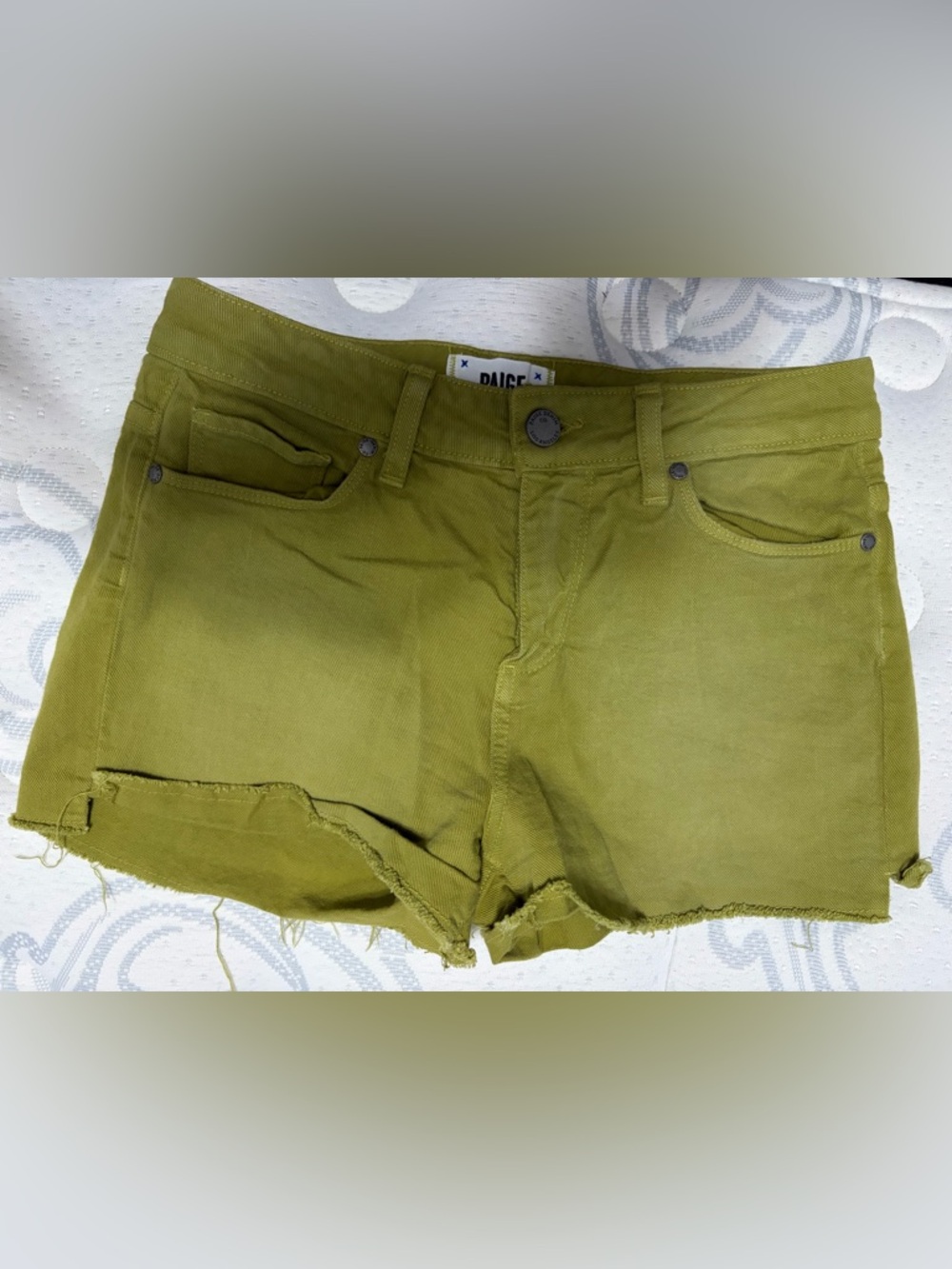 PAIGE Olive Green Frayed Hem Women's Denim Shorts